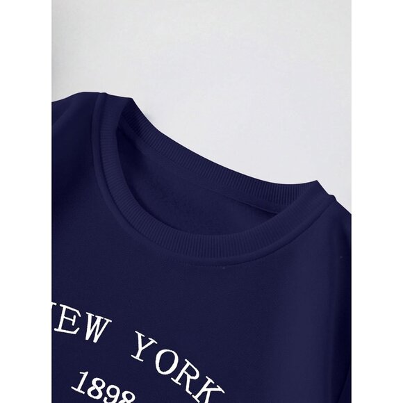 ⚡Women Dark Blue New York Imported Graphic Crewneck Long Sleeve Sweatshirt - Picture 3 of 5